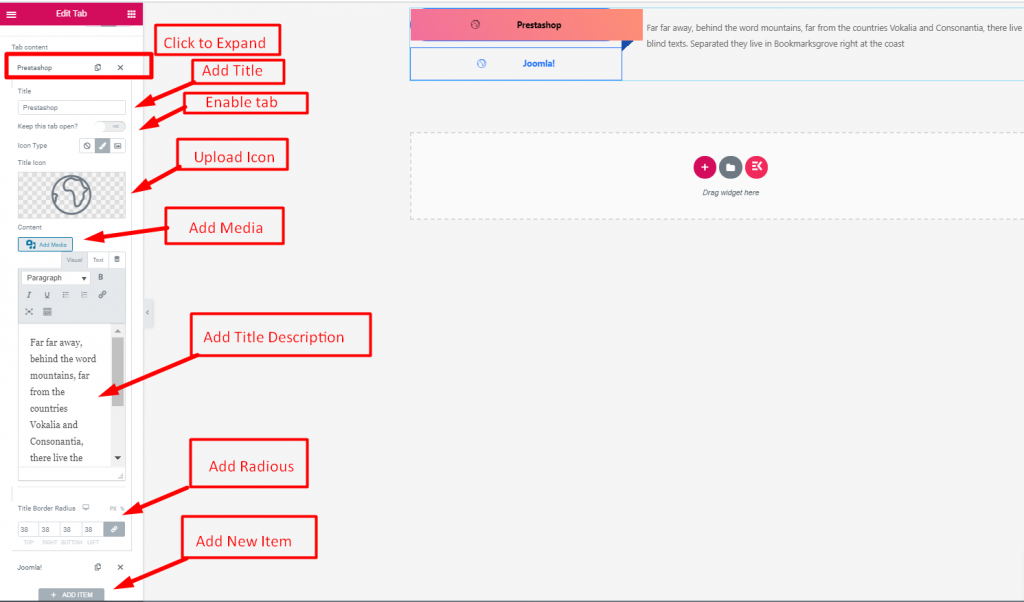 Showcase a large number of texts with the Elementor tab widget easily.