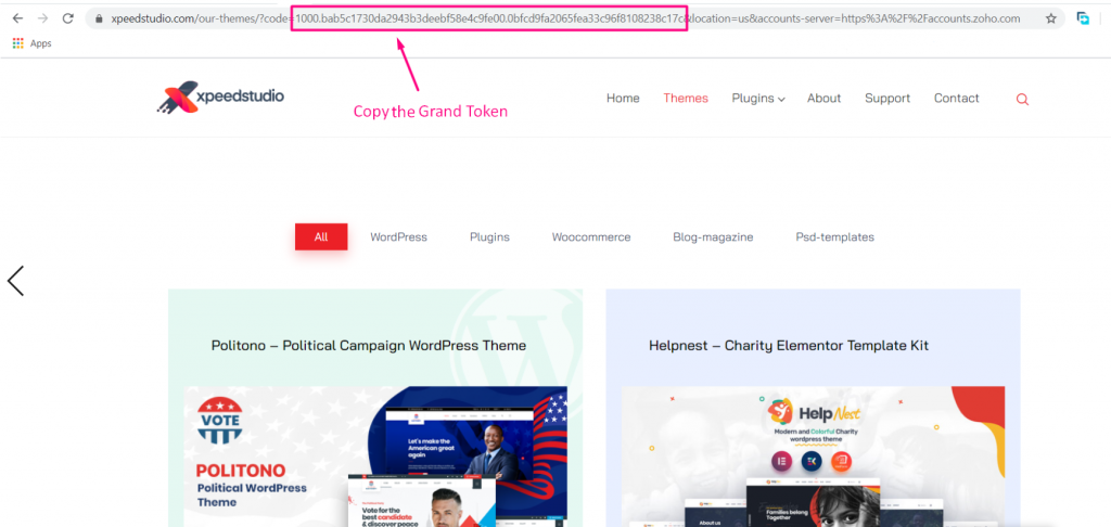 Grant token in the URL for WooCommerce Zoho CRM integration