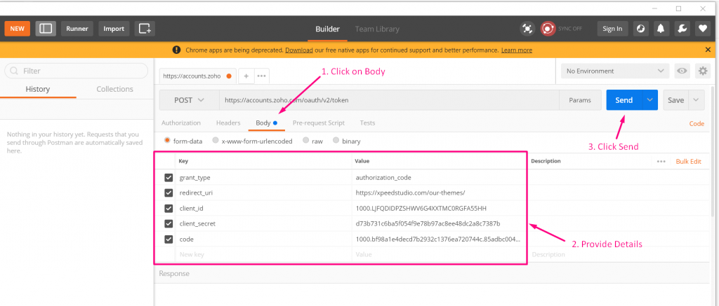 Postman interface on display 2 for Zoho CRM WooCommerce integration