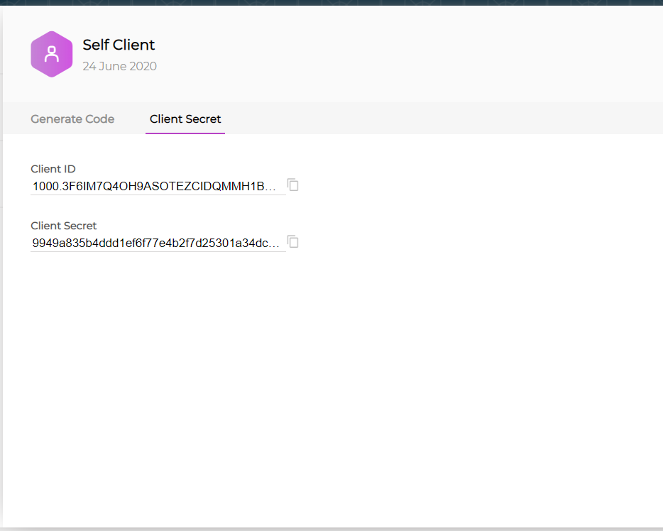 Client ID and Client Secret on display under Client Secret tab for Zoho CRM WordPress integration