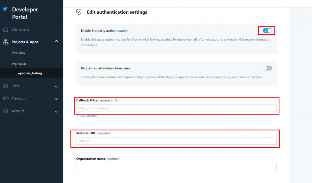 Authentication settings Twitter developer app